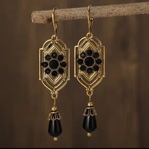Victorian Black Faux Pearl, Beaded Boho Crystal, Dangle, Glam GoldTone earrings